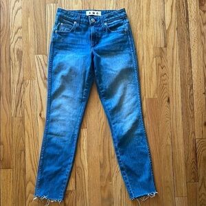 AMO sz 24 Stix Crop in Bluebean Women's Blue Jeans raw edge inseam 28” rise 8.5”